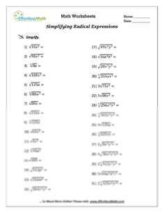 worksheet for simplifying radical expressions with answers in the form of numbers