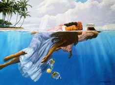 a painting of a woman floating in the ocean with her head above water and two fish nearby