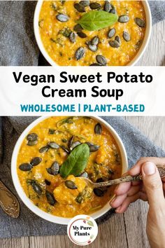 two bowls of vegan sweet potato cream soup