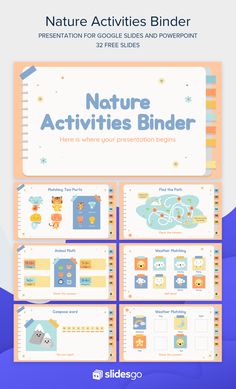 the nature activities binder is shown in blue and orange colors, with an image of animals