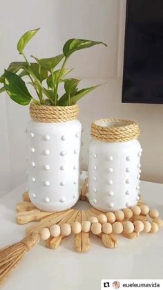 two vases with plants in them sitting on a table next to sticks and beads