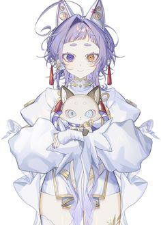 an anime character is holding a cat in her arms and she has purple hair, blue eyes