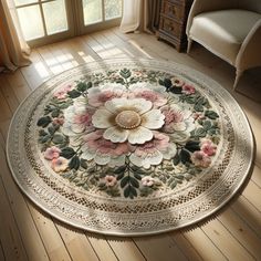 a large round rug with flowers on it in a room next to a chair and window