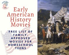 an advertisement for the early american history movies, with two pictures of people standing in front of a tent