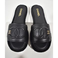 Chanel 23c Black Lambskin Leather Cc Logo Slide Sandal Slip Espadrille Flat 40 ********** Chanel ********** Brand: Chanel Size: 40 (Know Your Chanel Size) Name: Mules Color: Black Style: 23c Style#: G39778 X56890 94305 Material: Lambskin Open Front Toe Cc Light Gold Metal Logo Cc Embossed Lambskin Leather Large Logo Black Lambskin Leather Material Slide Sandal Style Slip On Espadrille Sole Rubber Outsole Sold Out Worldwide, Impossible To Find Brand New In Box, Comes With Original Box And Dust Ba Chanel Leather Slides, Luxury Platform Slip-on Sandals, Luxury Slip-on Sandals With Textured Sole, Luxury Slip-on Platform Sandals, Luxury Flat Platform Sandals, Luxury Synthetic Platform Sandals, Designer Flat Heel Platform Sandals, Luxury Black Sandals With Rubber Sole, Designer Black Sandals With Textured Sole