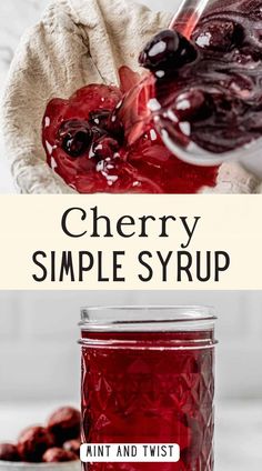 cherry simple syrup in a glass jar