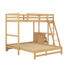 a wooden bunk bed with stairs on the bottom