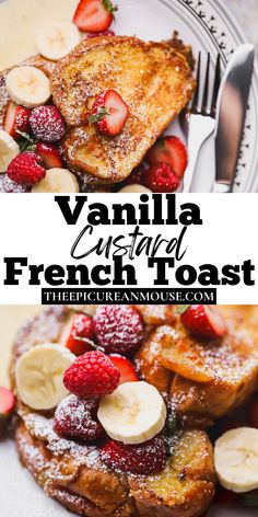 the french toast is topped with fresh fruit and powdered sugar for a delicious, nutritious breakfast