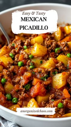 easy and tasty mexican picadillo recipe with potatoes, peas, and ground beef