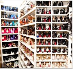 a closet filled with lots of different types of shoes