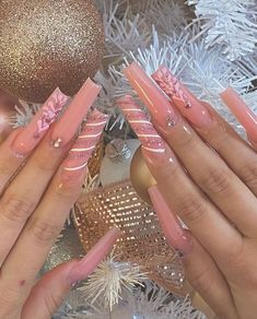 Long Acrylic Nails Coffin Christmas, Holiday Long Acrylic Nails, Christmas Nails Encapsulated, Christmas Long Nails Acrylic, Long Pink Christmas Nails, Pink Christmas Nails Acrylic Long, Baddie Christmas Nails Long, Christmas Nails Long Acrylic, Christmas Nails Long Coffin