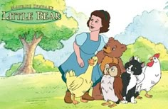 an animated image of a woman with many animals and birds in front of a tree