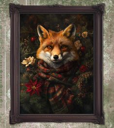 a painting of a red fox wearing a scarf with poinsettis around it