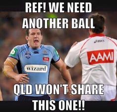 an image of two men playing rugby with one saying, ref we need another ball old won't share this one