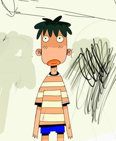 a drawing of a man with green hair and striped shirt standing in front of a wall