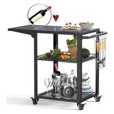 a kitchen cart with food and wine on it