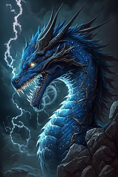 a blue dragon with lightning coming out of its mouth and it's head in the air