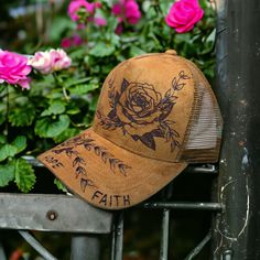 I'm excited to share my new Rose, baseball cap.  One size fits most.  This hat has snaps in the back to adjust to your head size.  Message me and I can personalize it with a bible verse, special saying, name, or a date. Diy Leather Hat, Burnt Hat, Baseball Hats For Women, Suede Hat, Words Love