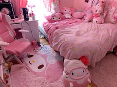 a pink bedroom with hello kitty bedding and accessories