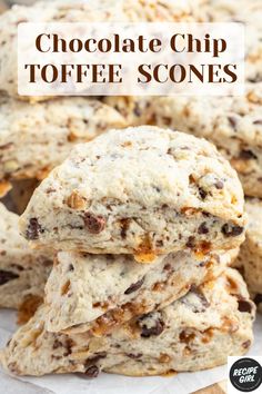 chocolate chip toffe scones stacked on top of each other with text overlay