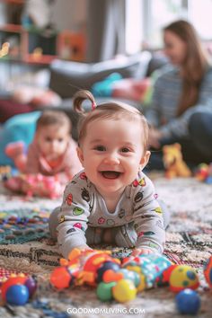 Happy baby playing on the floor with colorful toys, smiling at the camera, while another child is seen in the background. Cozy indoor setting with soft furnishings and playful atmosphere. Unique Middle Names