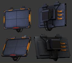 four different views of the back end of a vehicle with wheels and seats on each side