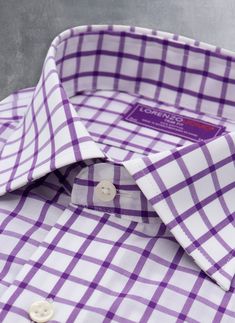 A fine weave of purple threads makes for a truly unique pattern. Serious when worn with a tie and suit, the William in Purple easily transforms into an elegantly casual shirt when worn open, with a pair of chinos or jeans. The William is the most generous of our fits, providing ample comfort and ease while flattering larger body types. FINAL SALE: No returns or exchanges • Regular Fit: The Maxwell (Trim Regular)• 100% Super 70s Cotton• Spread Collar• Mitered Barrel Cuff• Imported• Item #RT1398 Fashion Suits For Men, Fashion Suits, Check Shirt, Men's Shirts, Casual Shirt, Neck Shirt, Unique Patterns, Mens Suits, My Fashion