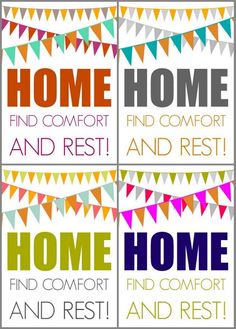 four colorful banners with the words home, find comfort and rest