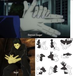 two pictures one with demon dogs and the other with nunchuck's hands