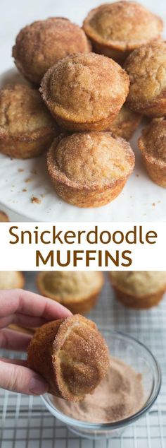 there is a plate with muffins on it and the words, snickkerdoodle muffins