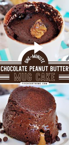 chocolate peanut butter mug cake on a white plate with the title overlay above it