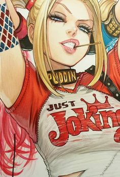 a drawing of a girl with blonde hair and piercings on her ears, wearing a t - shirt that says just joking