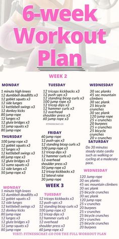 the 6 - week workout plan is shown in pink and white with an image of a woman