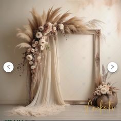 an old photo frame decorated with flowers and feathers