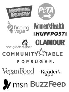 some logos are shown in black and white, including the words women's health, glamour, community table, popsugar, vegan food,