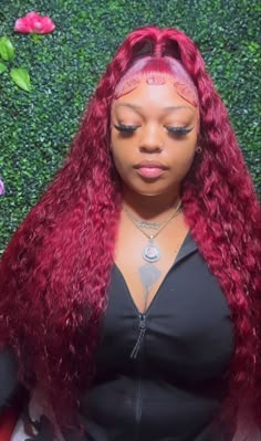 Red Half Up Half Down Wig, Red Deep Wave Hair Black Women, Burgundy Wig Hairstyles, Frontal Styles, Sleek Braided Ponytail, Wig Installs, Wig Colors, Dyed Hair Inspiration