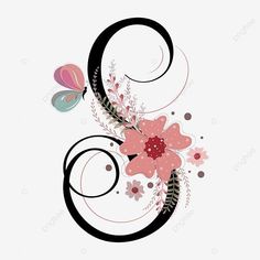 the letter c with flowers and butterflies on it's side, font, alphabet, flower png and psd