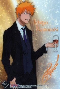 an orange haired man in a suit and tie holding a wine glass with the words hiro kurosaki written on it