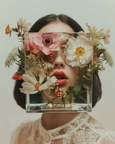 Distorted Reality, Lady With Flowers, Concert Poster Design, Creative Fashion Photography, Flower Photoshoot, Flower Studio, Aesthetic Japan, Face Photography, Fantasy Makeup