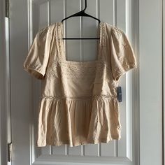 Cream Color With Lace Detail. Rouching On Back Ensures Stretch In Bust. Elastic Around Sleeve Ends For Stretch. Never Worn, Tags Attached. Beige Short Sleeve Blouse For Brunch, Beige Short Sleeve Peasant Top For Summer, Scoop Neck Blouses, Bohemian Pattern, White Halter Maxi Dress, Maxi Gowns, Boho Blouses, Summer Clothes, School Outfit