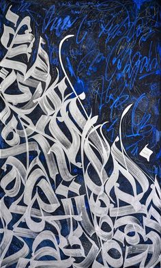 an abstract painting with white and blue writing on black paper, against a dark background