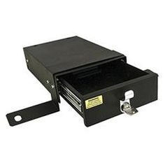 a black box with a lock on the front and drawer open to show it's contents