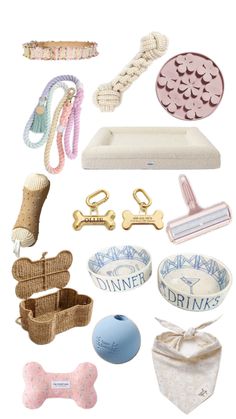 an assortment of items that include dog toys