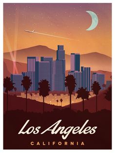 an image of the los angeles skyline at sunset with palm trees and mountains in the background