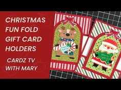 christmas gift card holders with merry bear and santa clause on them, sitting next to each other