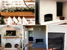 four different fireplaces with christmas decorations on the mantle and around them, all in white brick