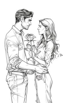 a man and woman are standing next to each other, holding roses in their hands