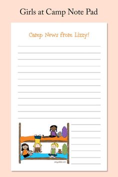 A gaggle of girls sit on their bunk beds at camp on this note pad for girls. Send your girl off to camp with this 53 page note pad and she'll be sure to write you! Personalize with your own name! Every sheet is personalized and bound together with a cardboard backing. #notepads #stationery #giftsforgirls #campgifts #campideas #offtocampideas #packingforcamp #summercamp #personalizedgifts #amyadele Camping Invitations, Notepad Gift, Note Pads, Spiral Notebooks, Your Girl, Camping Gifts