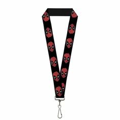 a black lanyard with deadpool faces on it