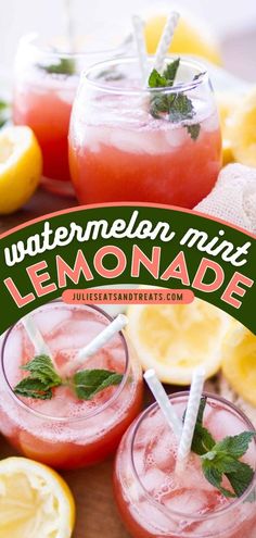 watermelon mint lemonade cocktails with strawberries and lemons on the side